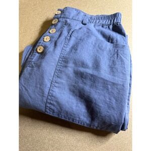 LINTICO Blue Linen Blend Button Fly Elastic Waist Crop Pants Womens Size M